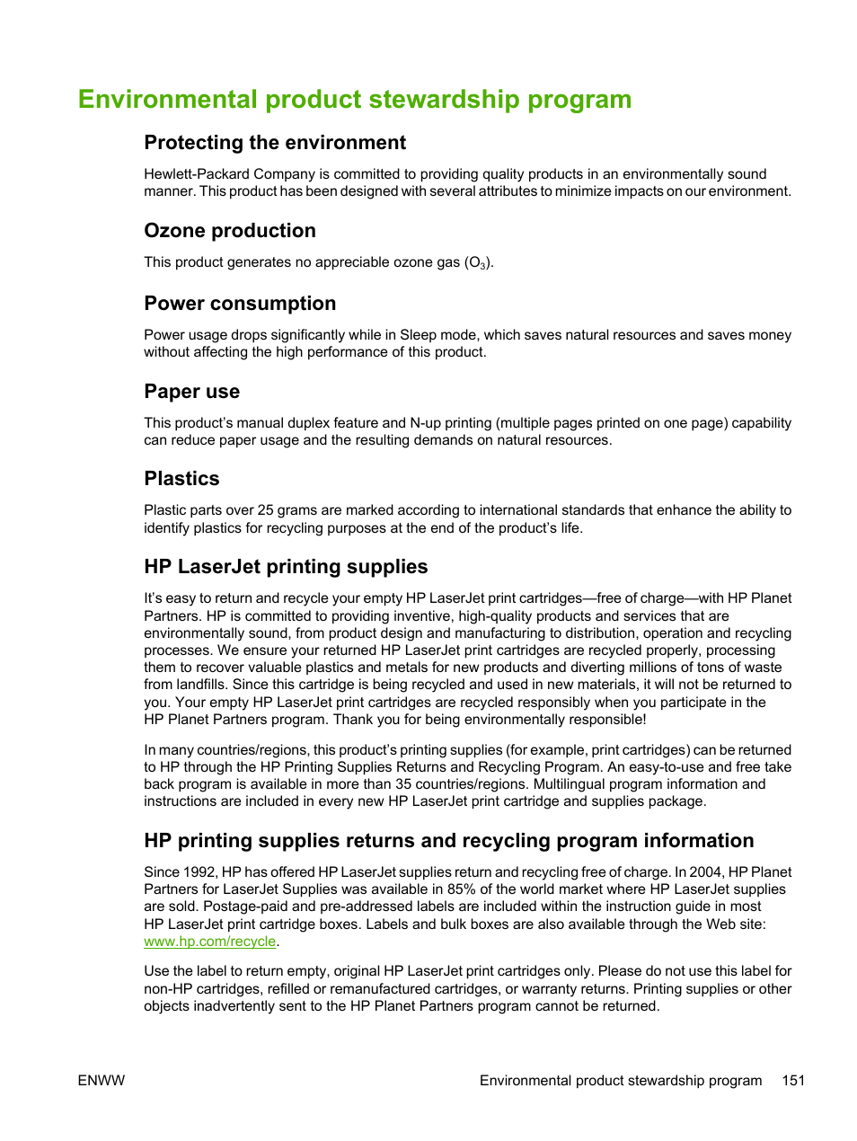 Environmental product stewardship program, Protecting the environment, Ozone production | Power consumption, Paper use, Plastics, Hp laserjet printing supplies | HP 2700 User Manual | Page 161 / 182