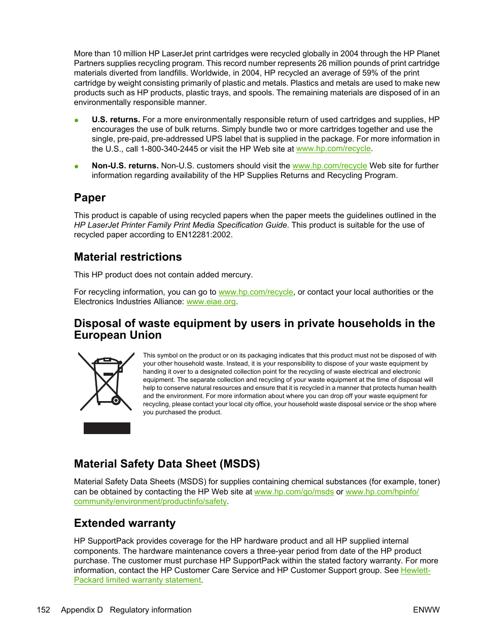 Paper, Material restrictions, Material safety data sheet (msds) | Extended warranty, Union | HP 2700 User Manual | Page 162 / 182