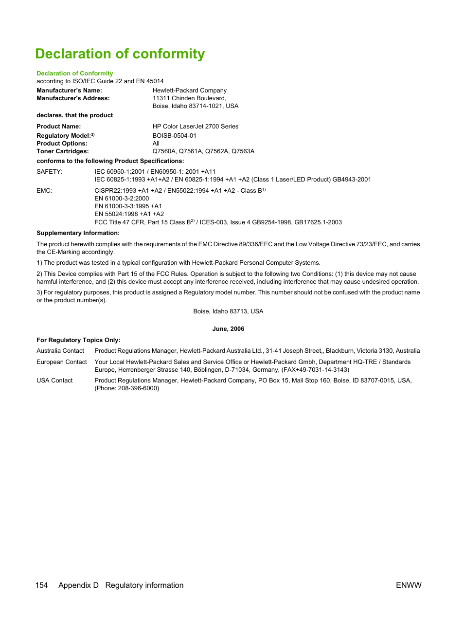 Declaration of conformity, 154 appendix d regulatory information enww | HP 2700 User Manual | Page 164 / 182