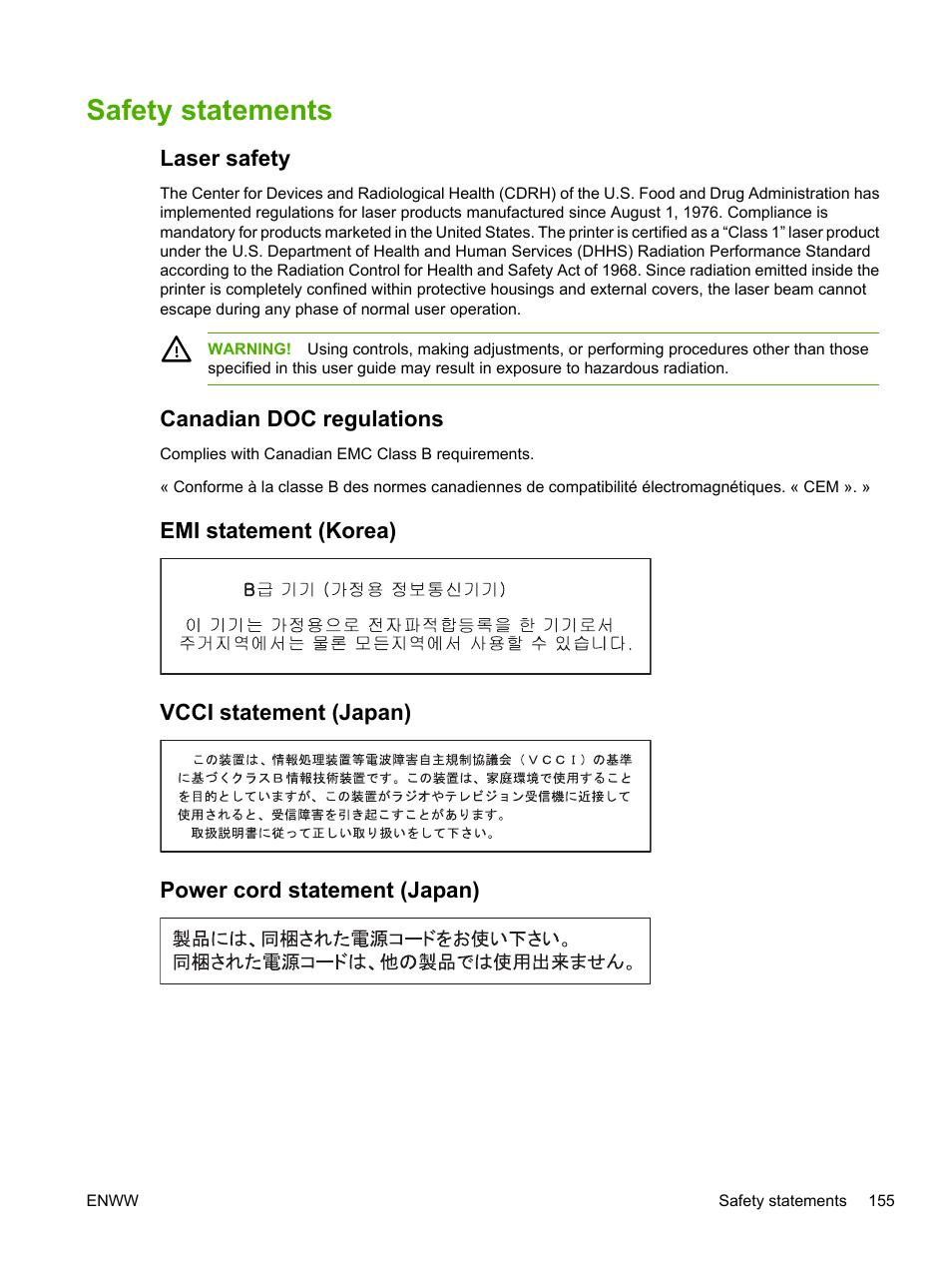 Safety statements, Laser safety, Canadian doc regulations | Emi statement (korea), Vcci statement (japan), Power cord statement (japan) | HP 2700 User Manual | Page 165 / 182