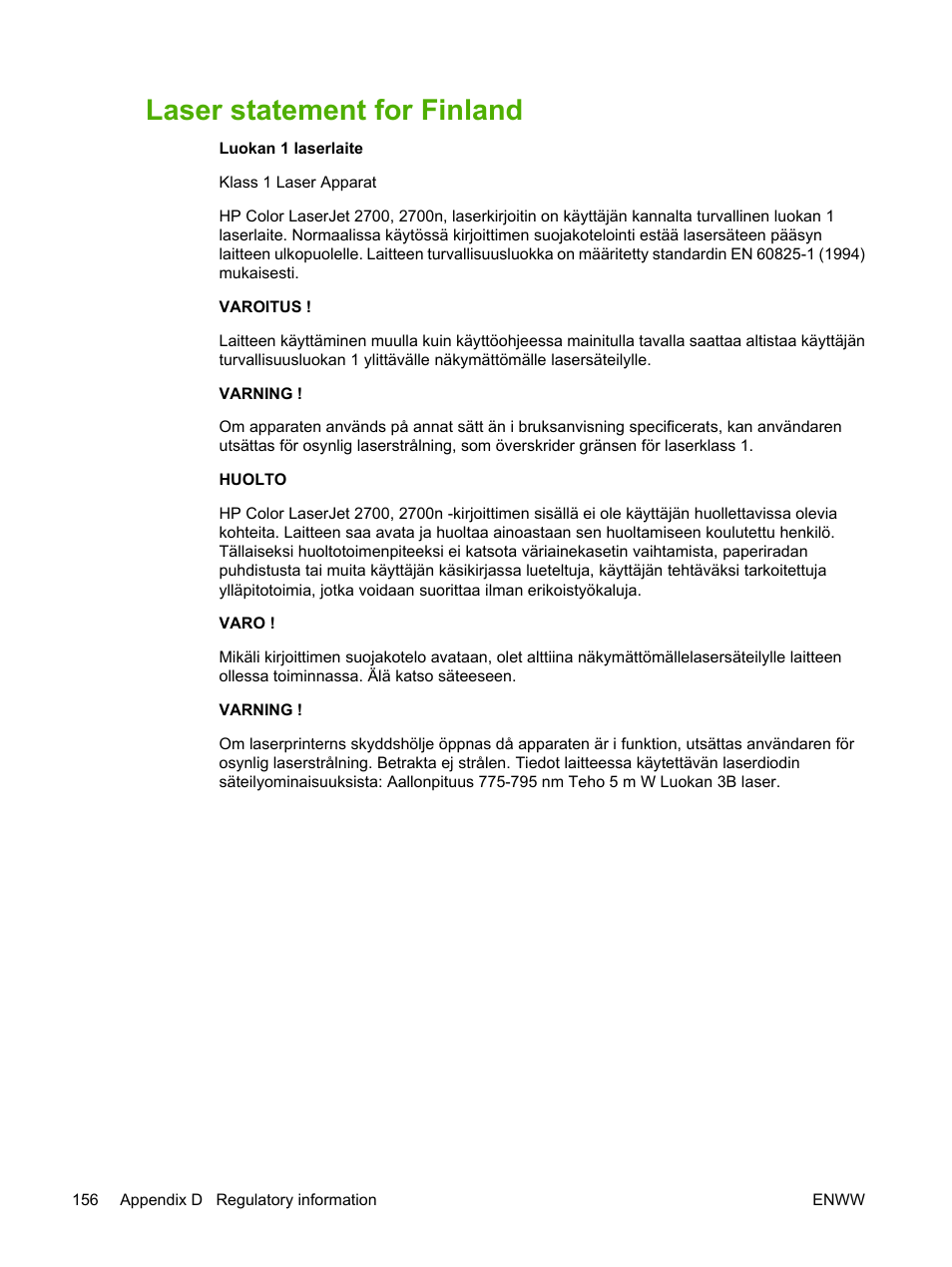 Laser statement for finland | HP 2700 User Manual | Page 166 / 182