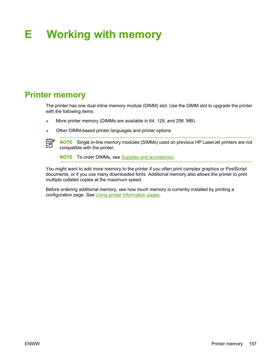 Working with memory, Printer memory, Appendix e working with memory | Working with, Memory | HP 2700 User Manual | Page 167 / 182