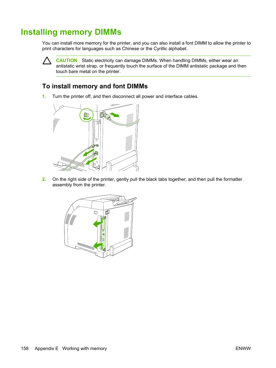 Installing memory dimms, To install memory and font dimms | HP 2700 User Manual | Page 168 / 182