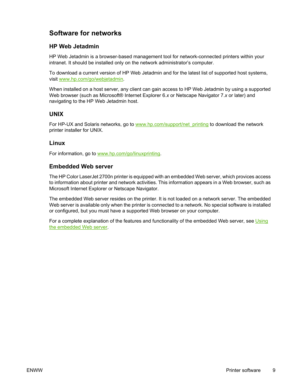 Software for networks, Hp web jetadmin, Unix | Linux, Embedded web server | HP 2700 User Manual | Page 19 / 182