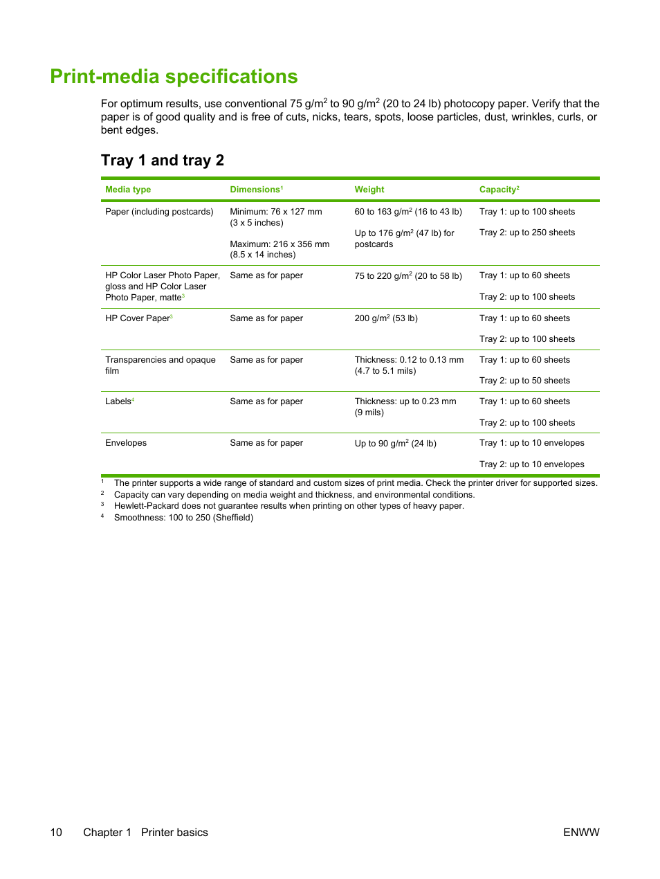 Print-media specifications, Tray 1 and tray 2, For optimum results, use conventional 75 g/m | 10 chapter 1 printer basics enww | HP 2700 User Manual | Page 20 / 182