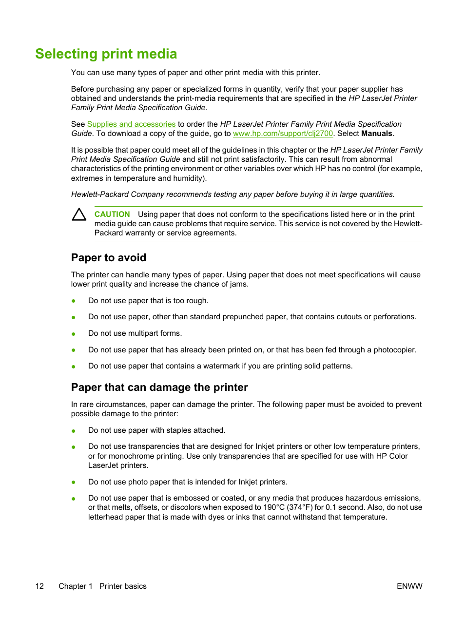 Selecting print media, Paper to avoid, Paper that can damage the printer | HP 2700 User Manual | Page 22 / 182