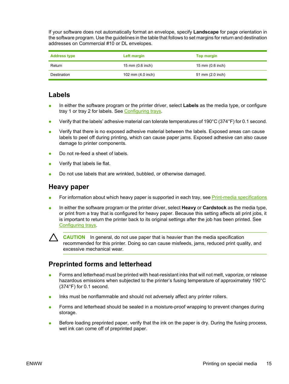 Labels, Heavy paper, Preprinted forms and letterhead | HP 2700 User Manual | Page 25 / 182