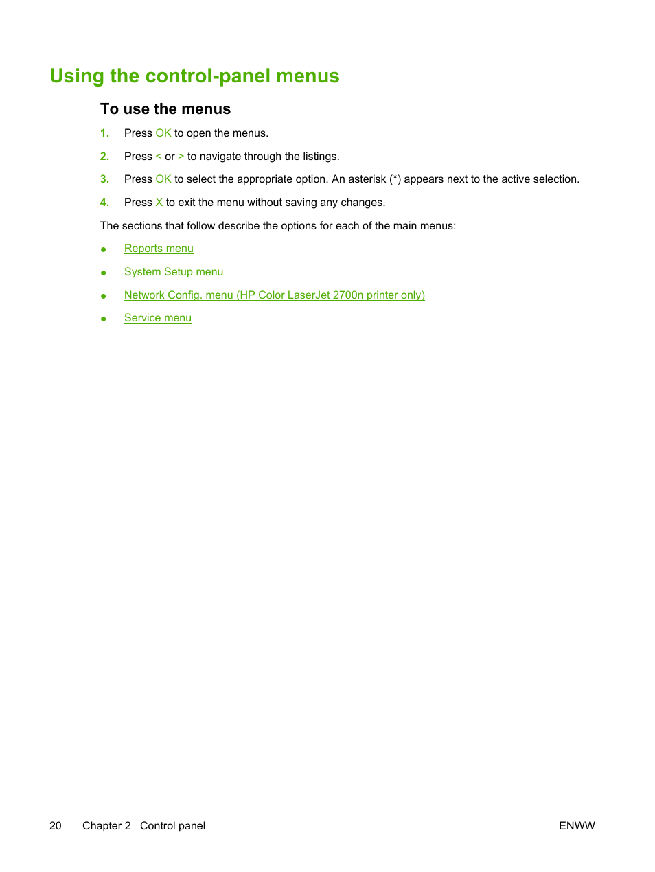 Using the control-panel menus, To use the menus | HP 2700 User Manual | Page 30 / 182