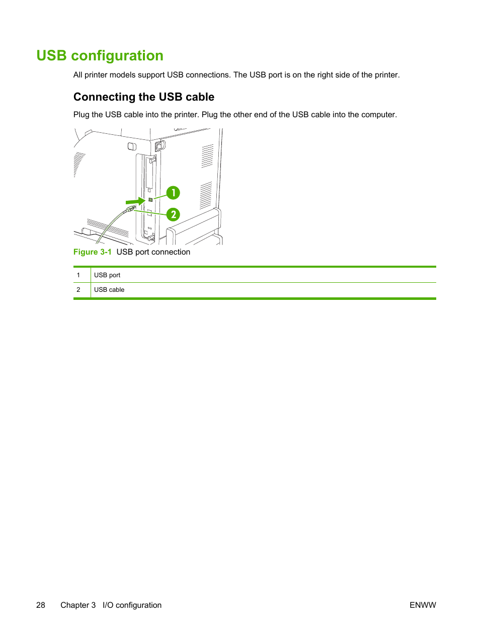 Usb configuration, Connecting the usb cable | HP 2700 User Manual | Page 38 / 182