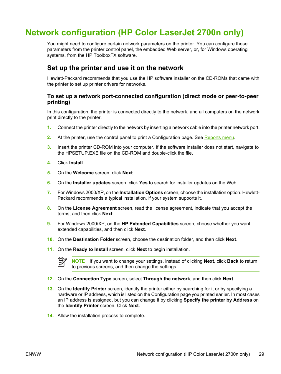 Set up the printer and use it on the network, Peer printing) | HP 2700 User Manual | Page 39 / 182