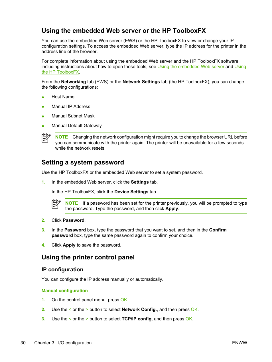 Using the embedded web server or the hp toolboxfx, Setting a system password, Using the printer control panel | Ip configuration, Manual configuration | HP 2700 User Manual | Page 40 / 182