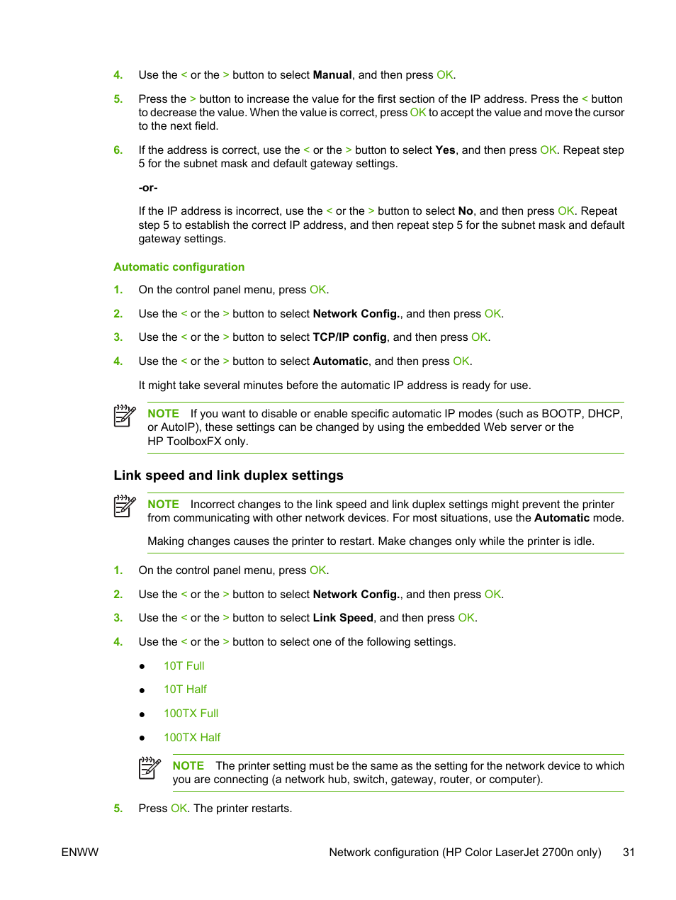 Automatic configuration, Link speed and link duplex settings | HP 2700 User Manual | Page 41 / 182