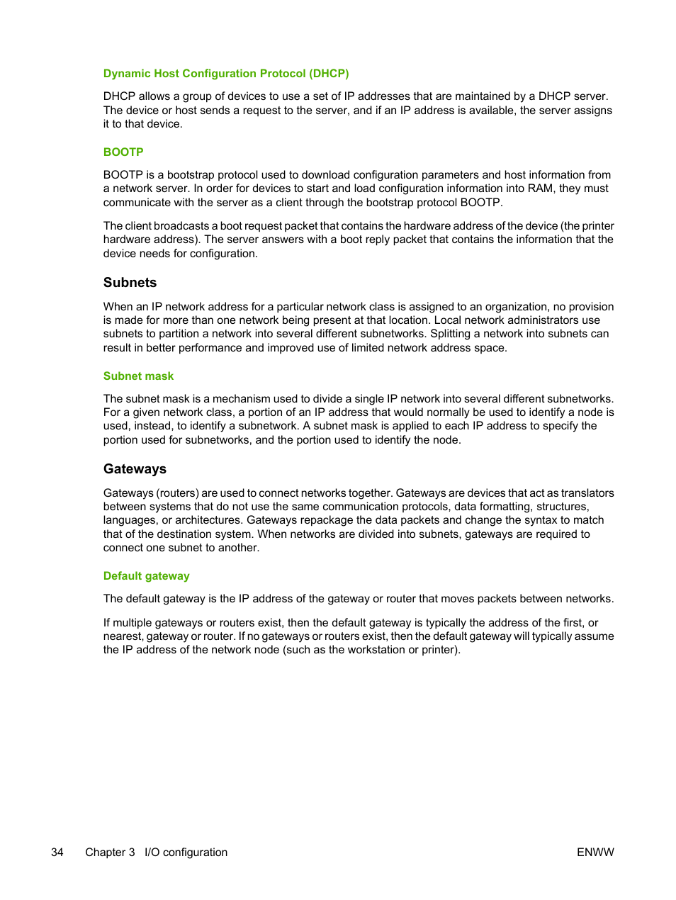 Dynamic host configuration protocol (dhcp), Bootp, Subnets | Subnet mask, Gateways, Default gateway | HP 2700 User Manual | Page 44 / 182