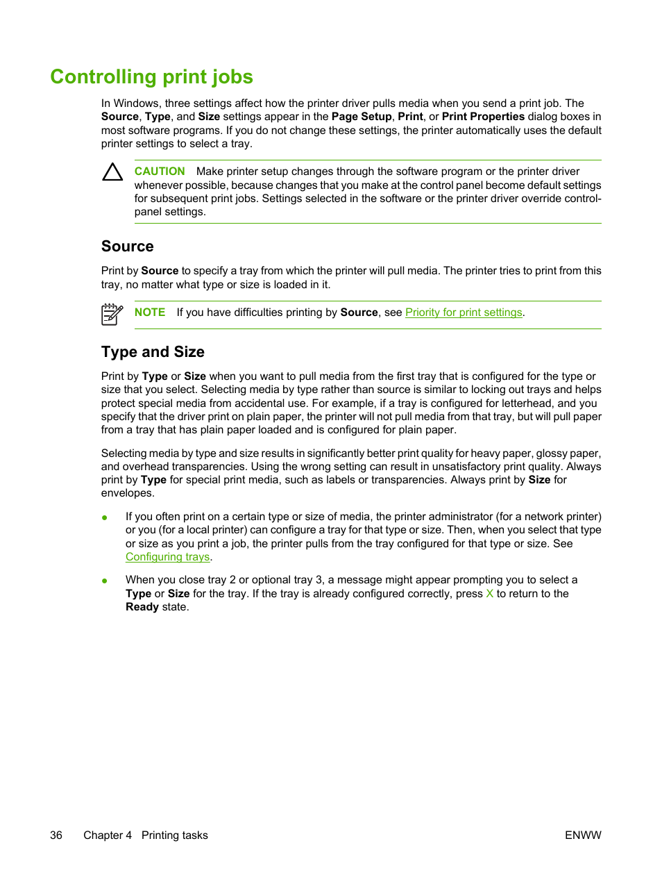 Controlling print jobs, Source, Type and size | HP 2700 User Manual | Page 46 / 182