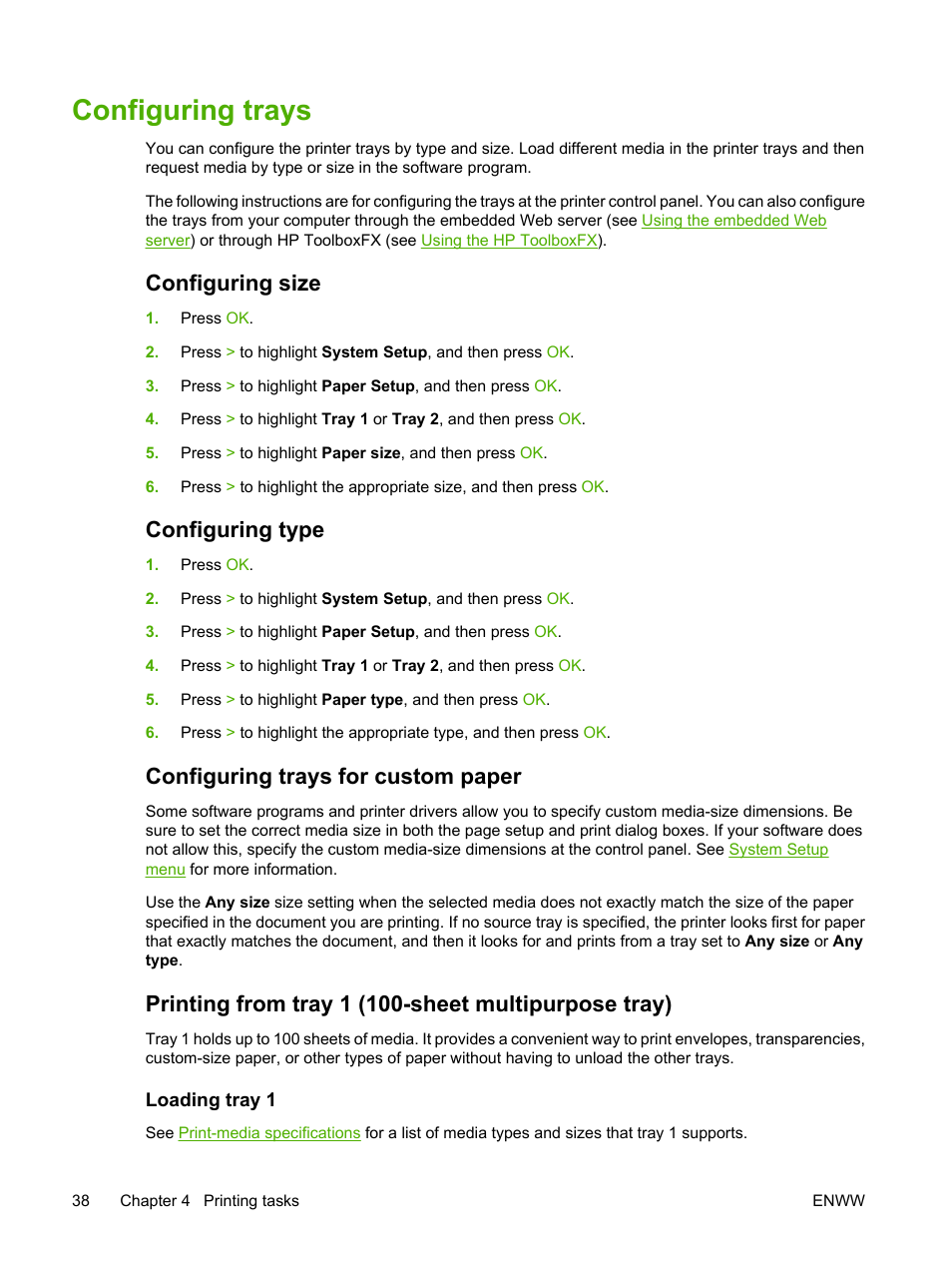 Configuring trays, Configuring size, Configuring type | Configuring trays for custom paper, Printing from tray 1 (100-sheet multipurpose tray), Loading tray 1 | HP 2700 User Manual | Page 48 / 182