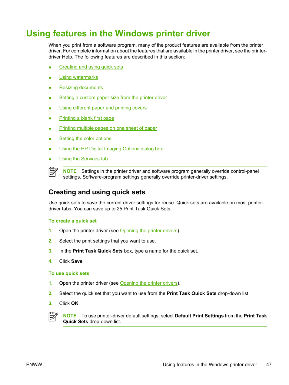 Using features in the windows printer driver, Creating and using quick sets | HP 2700 User Manual | Page 57 / 182