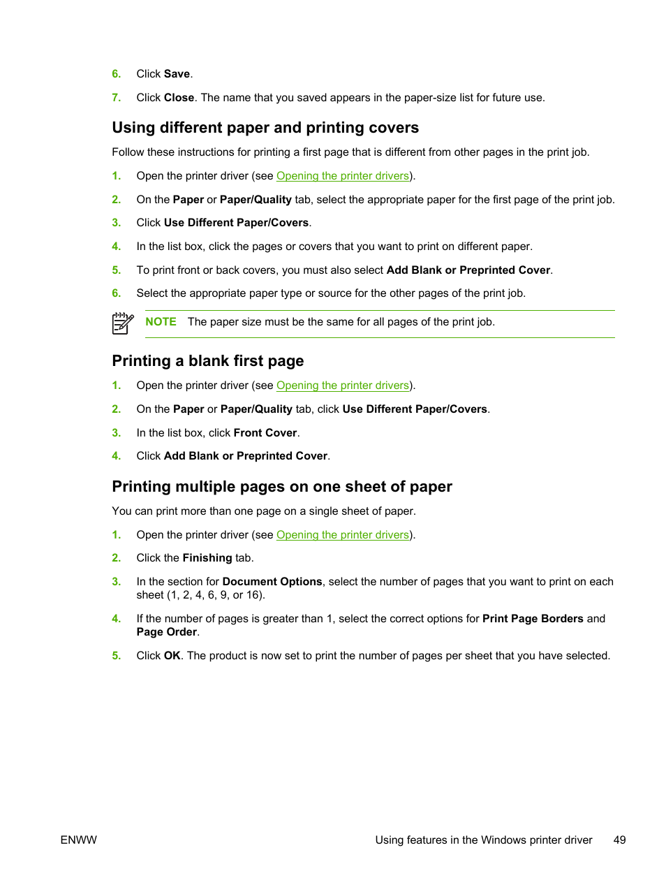 Using different paper and printing covers, Printing a blank first page, Printing multiple pages on one sheet of paper | HP 2700 User Manual | Page 59 / 182