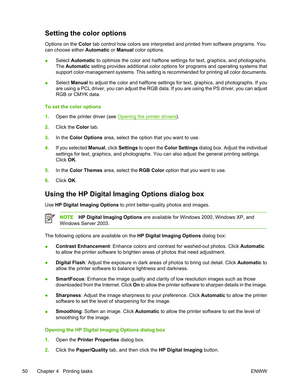 Setting the color options, Using the hp digital imaging options dialog box | HP 2700 User Manual | Page 60 / 182
