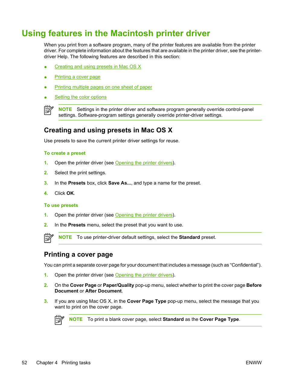 Using features in the macintosh printer driver, Creating and using presets in mac os x, Printing a cover page | HP 2700 User Manual | Page 62 / 182
