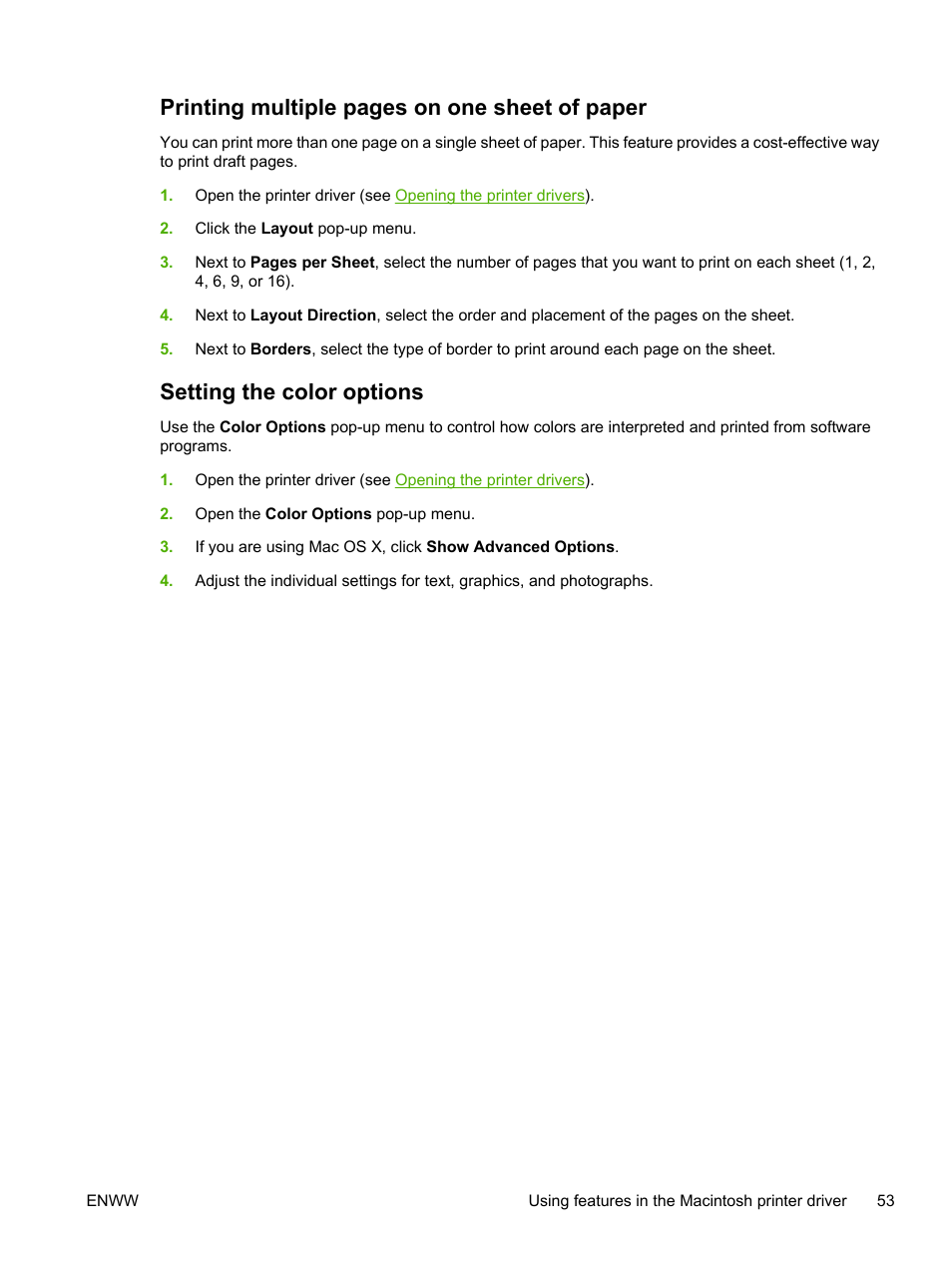 Setting the color options, Printing multiple pages on one sheet of paper | HP 2700 User Manual | Page 63 / 182