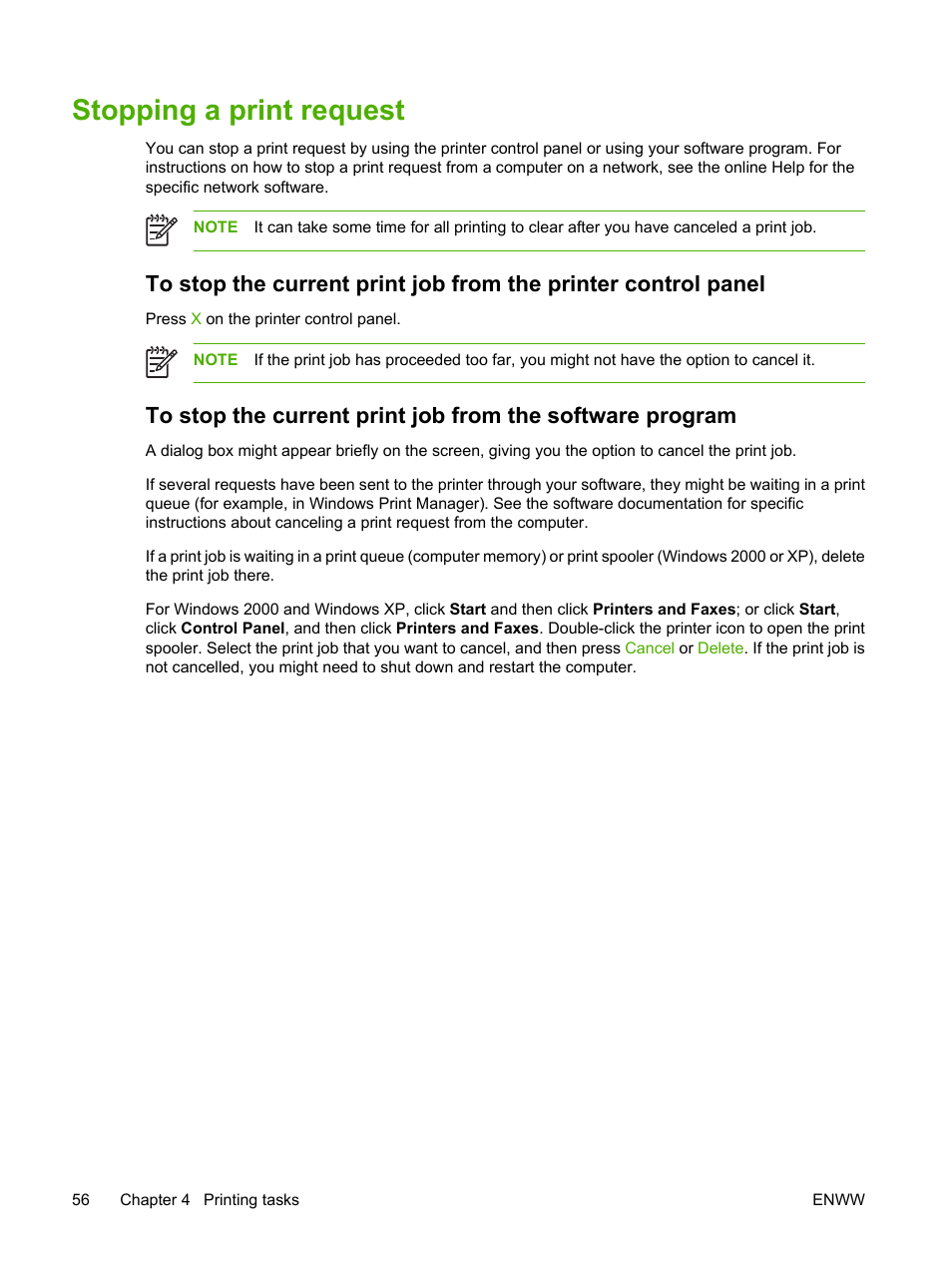 Stopping a print request | HP 2700 User Manual | Page 66 / 182