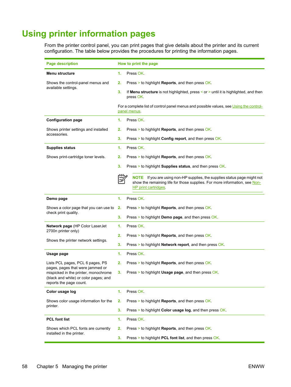 Using printer information pages, 58 chapter 5 managing the printer enww | HP 2700 User Manual | Page 68 / 182