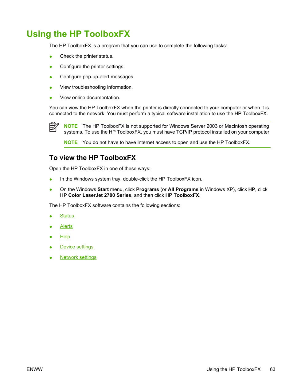 Using the hp toolboxfx, To view the hp toolboxfx, Using | The hp toolboxfx | HP 2700 User Manual | Page 73 / 182