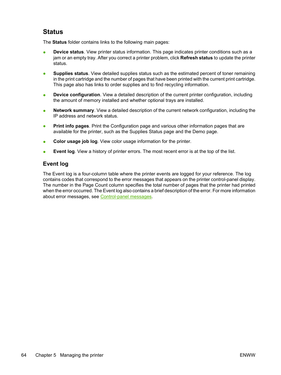 Status, Event log | HP 2700 User Manual | Page 74 / 182