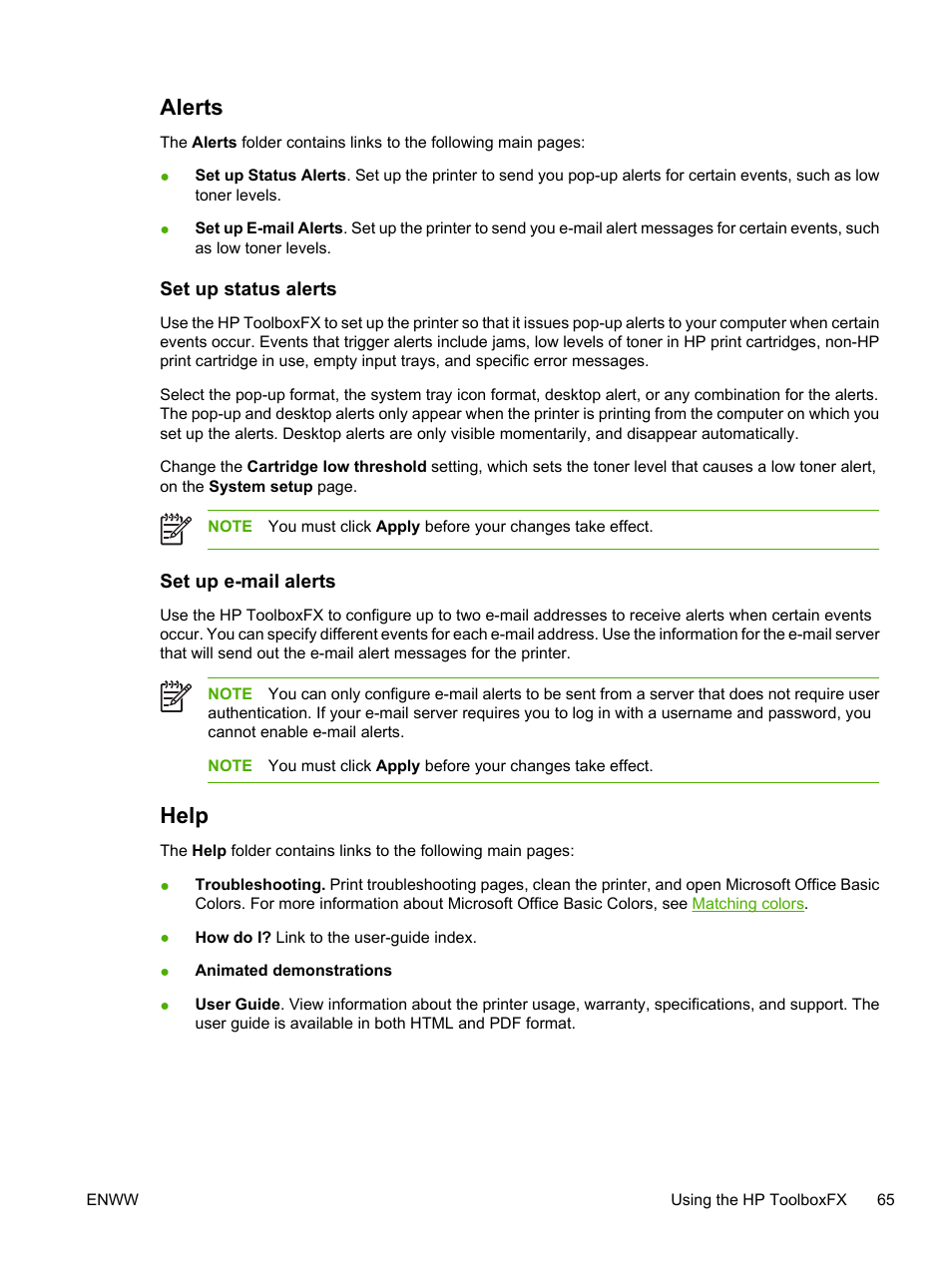 Alerts, Set up status alerts, Set up e-mail alerts | Help | HP 2700 User Manual | Page 75 / 182