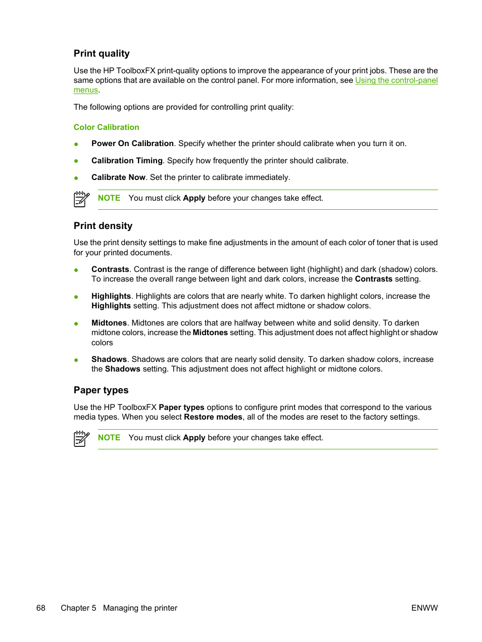 Print quality, Print density, Paper types | HP 2700 User Manual | Page 78 / 182