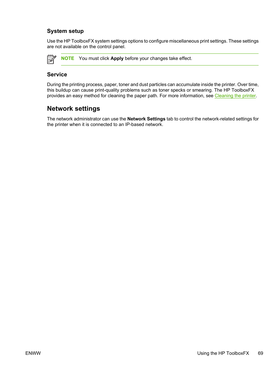 System setup, Service, Network settings | HP 2700 User Manual | Page 79 / 182