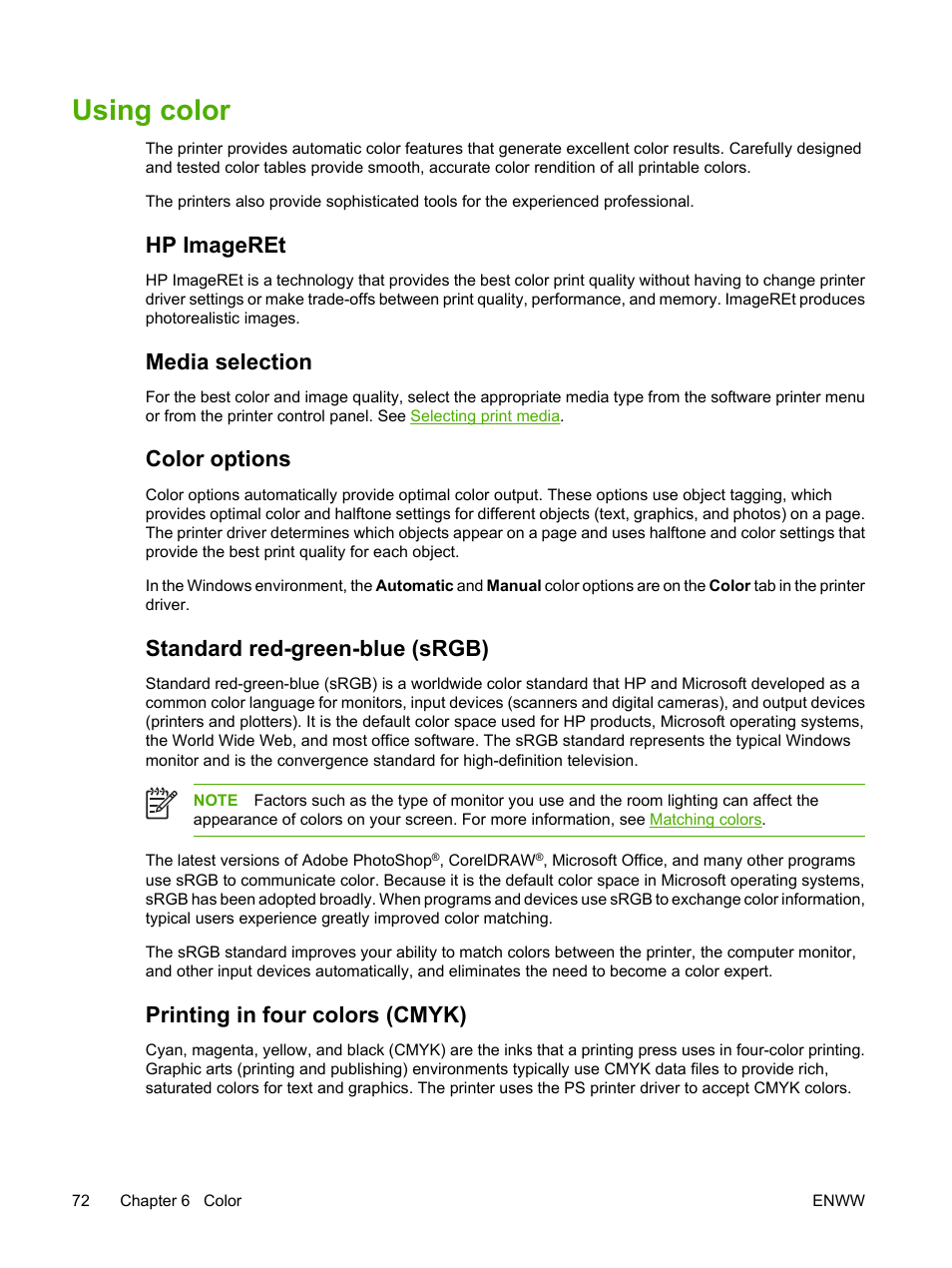 Using color, Hp imageret, Media selection | Color options, Standard red-green-blue (srgb), Printing in four colors (cmyk) | HP 2700 User Manual | Page 82 / 182
