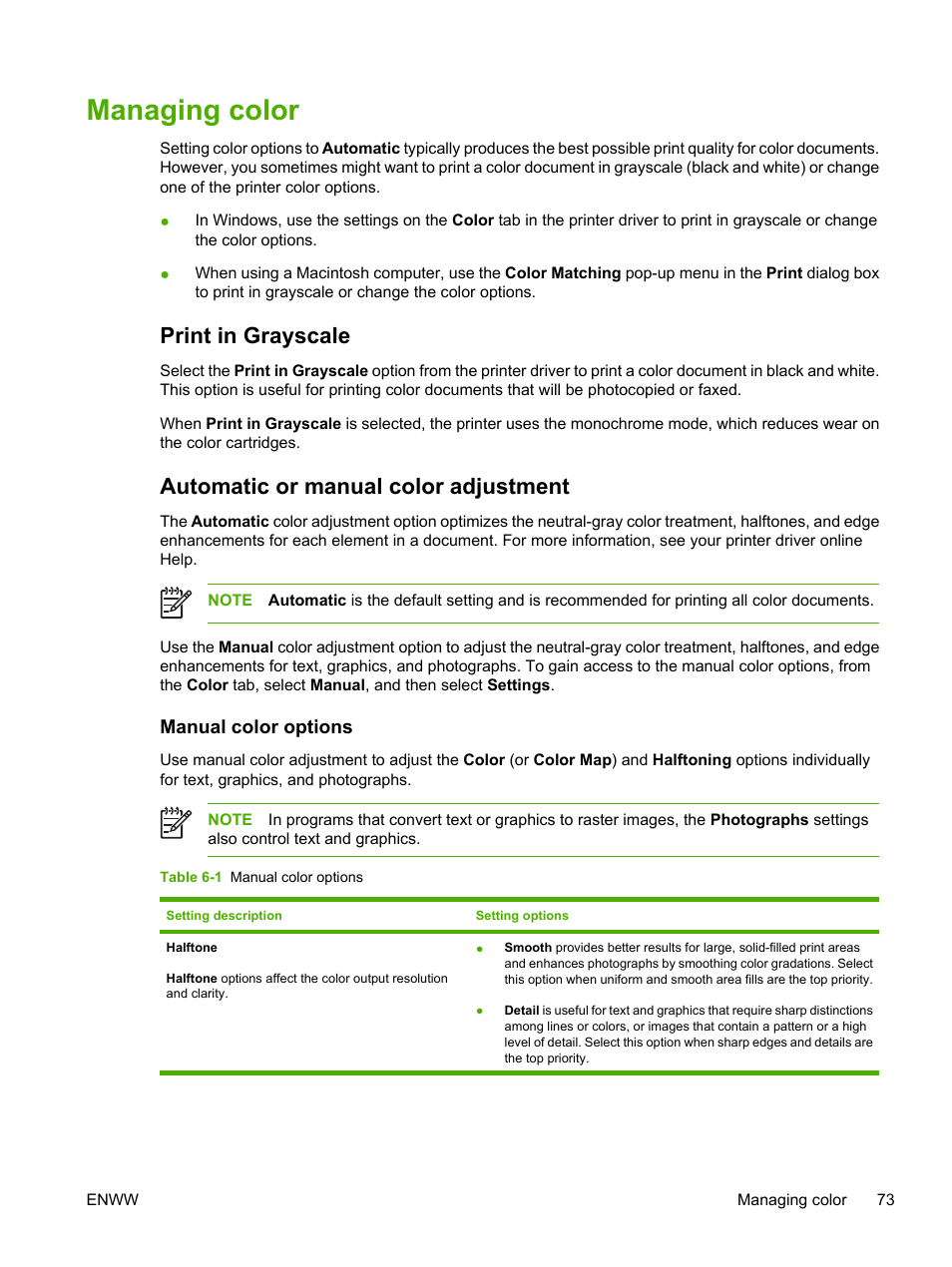 Managing color, Print in grayscale, Automatic or manual color adjustment | Manual color options | HP 2700 User Manual | Page 83 / 182
