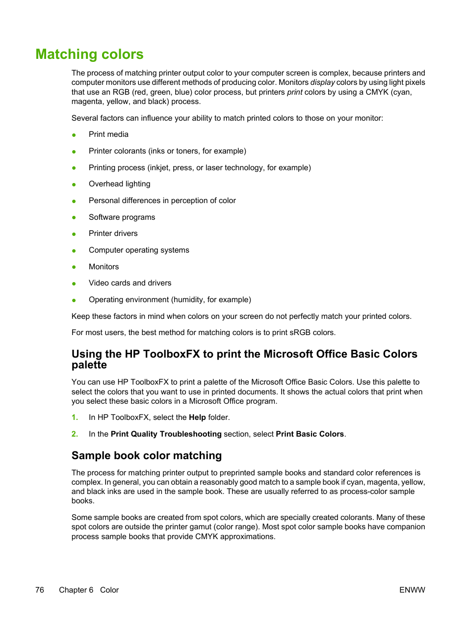 Matching colors, Sample book color matching | HP 2700 User Manual | Page 86 / 182