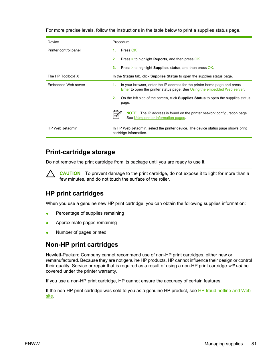 Print-cartridge storage, Hp print cartridges, Non-hp print cartridges | Ation, see | HP 2700 User Manual | Page 91 / 182