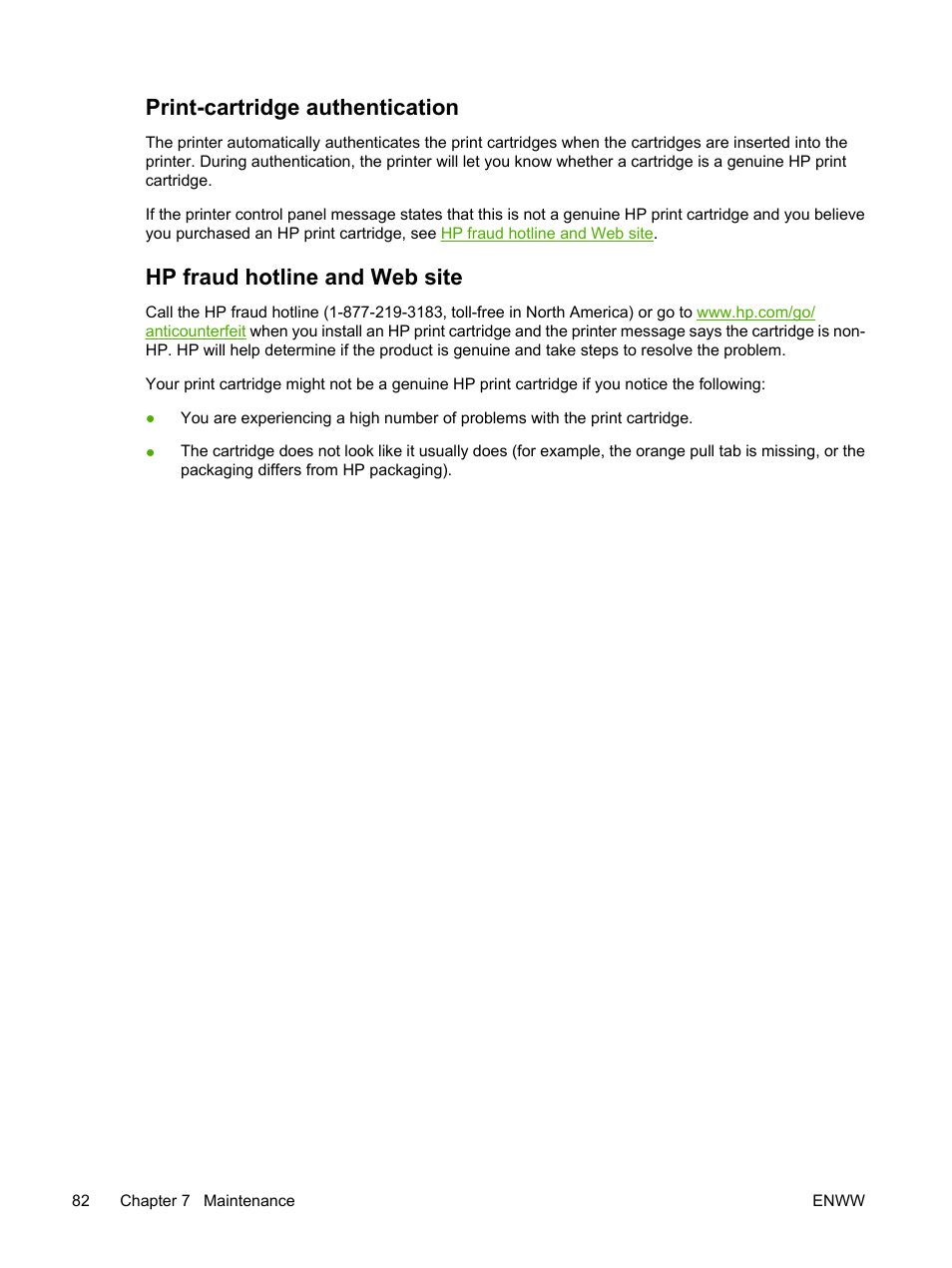 Print-cartridge authentication, Hp fraud hotline and web site, Hp fraud hotline and web | Site | HP 2700 User Manual | Page 92 / 182