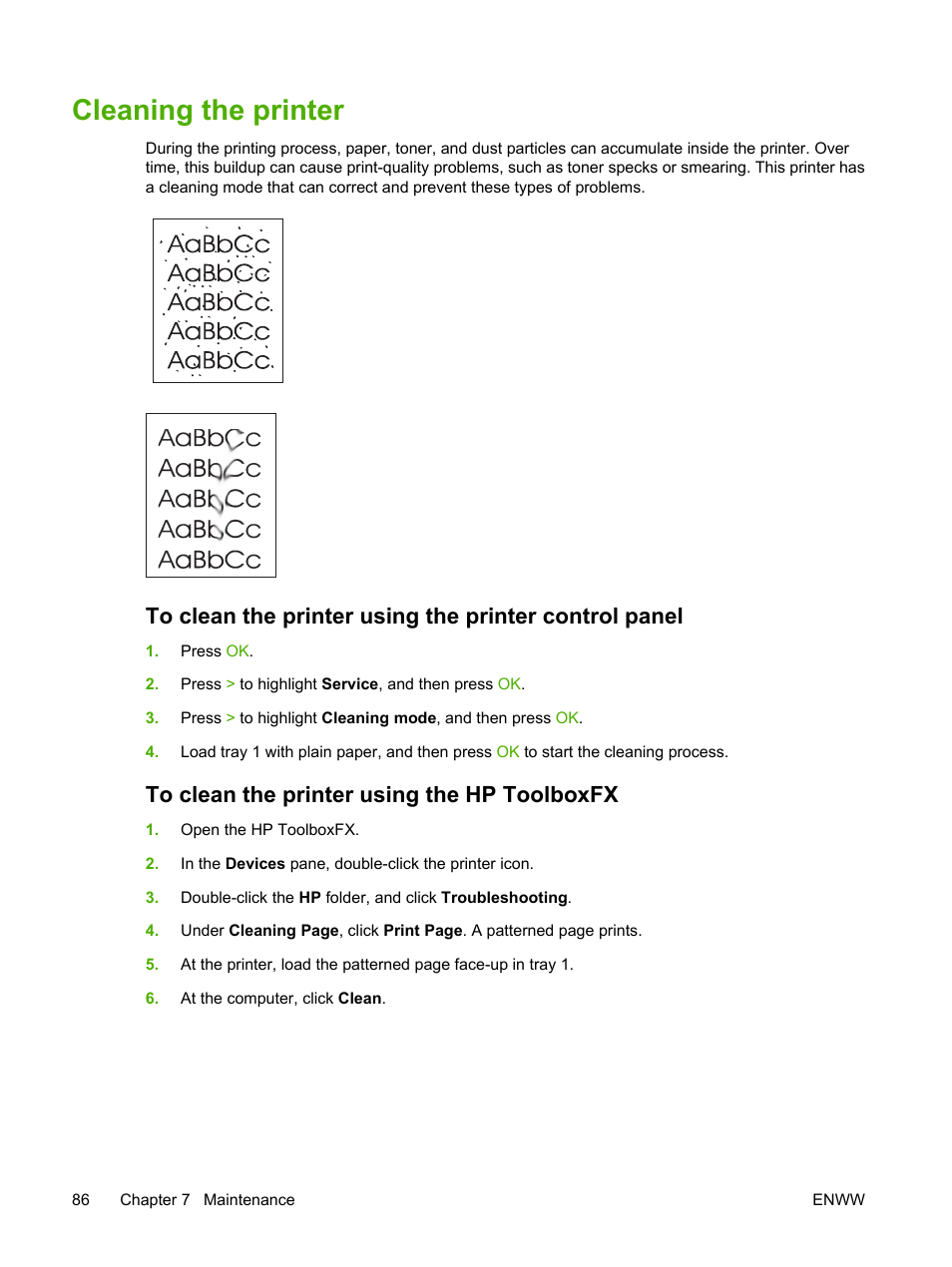 Cleaning the printer, To clean the printer using the hp toolboxfx | HP 2700 User Manual | Page 96 / 182