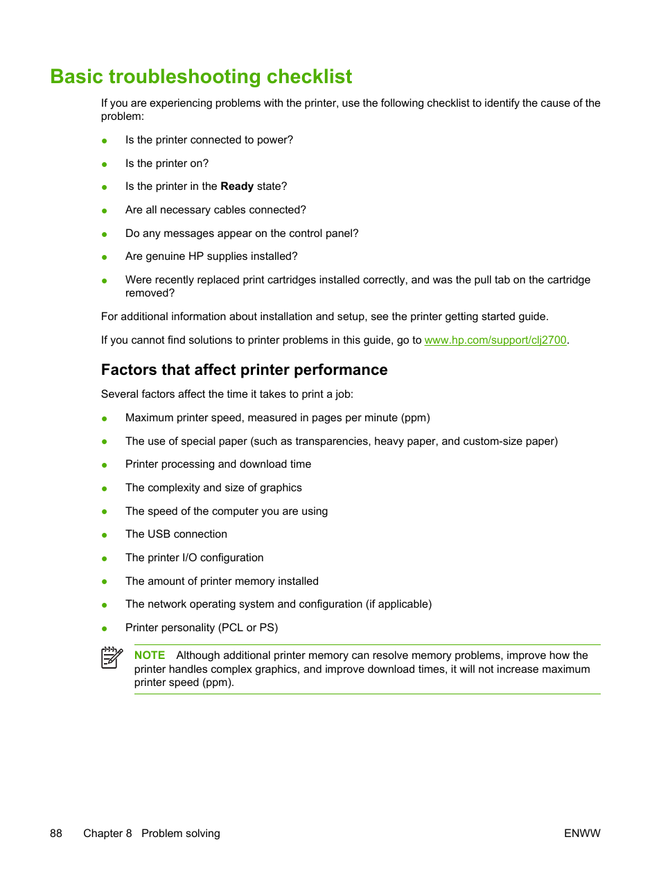 Basic troubleshooting checklist, Factors that affect printer performance | HP 2700 User Manual | Page 98 / 182