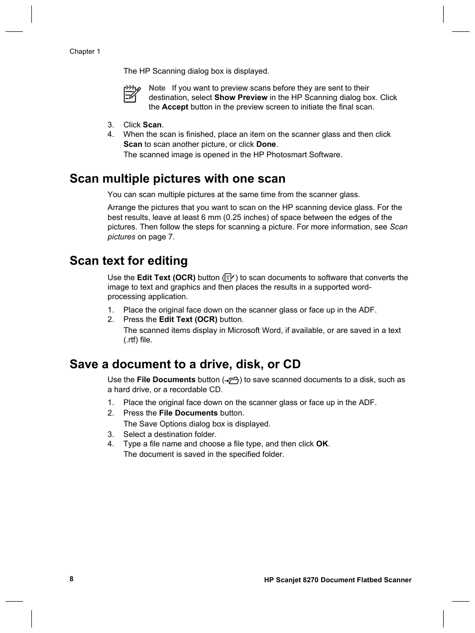 Scan multiple pictures with one scan, Scan text for editing, Save a document to a drive, disk, or cd | HP Scanjet 8270 User Manual | Page 10 / 332