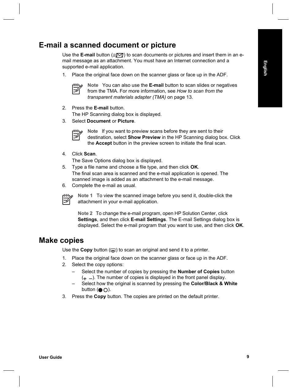 E-mail a scanned document or picture, Make copies | HP Scanjet 8270 User Manual | Page 11 / 332