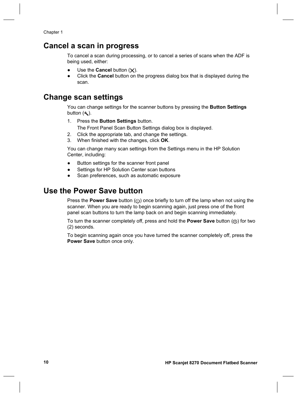 Cancel a scan in progress, Change scan settings, Use the power save button | HP Scanjet 8270 User Manual | Page 12 / 332