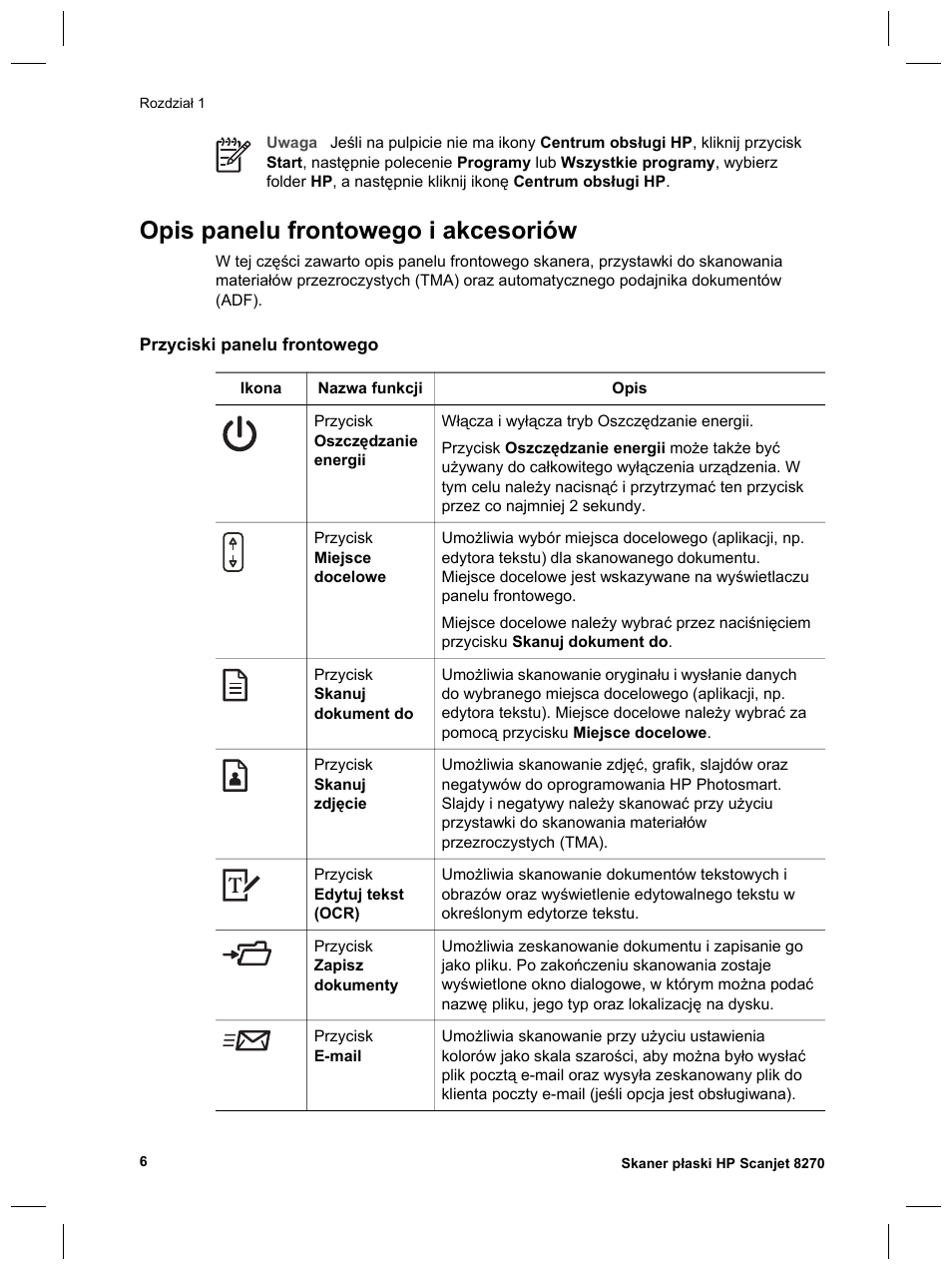 Opis panelu frontowego i akcesoriów | HP Scanjet 8270 User Manual | Page 136 / 332
