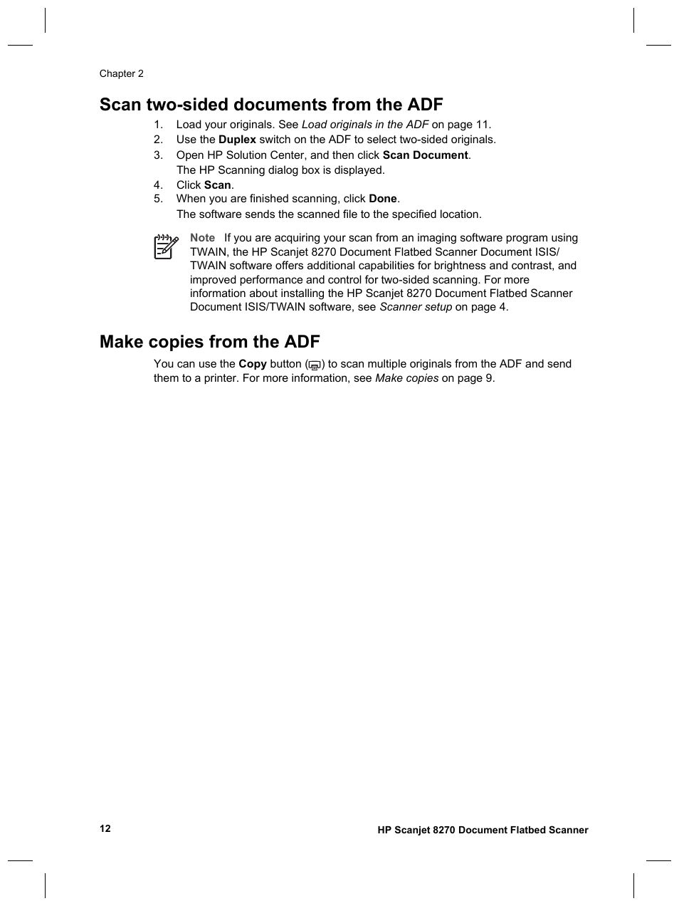 Scan two-sided documents from the adf, Make copies from the adf | HP Scanjet 8270 User Manual | Page 14 / 332
