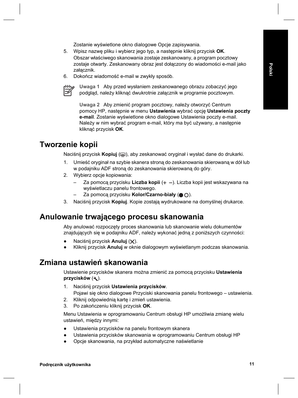 Tworzenie kopii, Anulowanie trwającego procesu skanowania, Zmiana ustawień skanowania | HP Scanjet 8270 User Manual | Page 141 / 332
