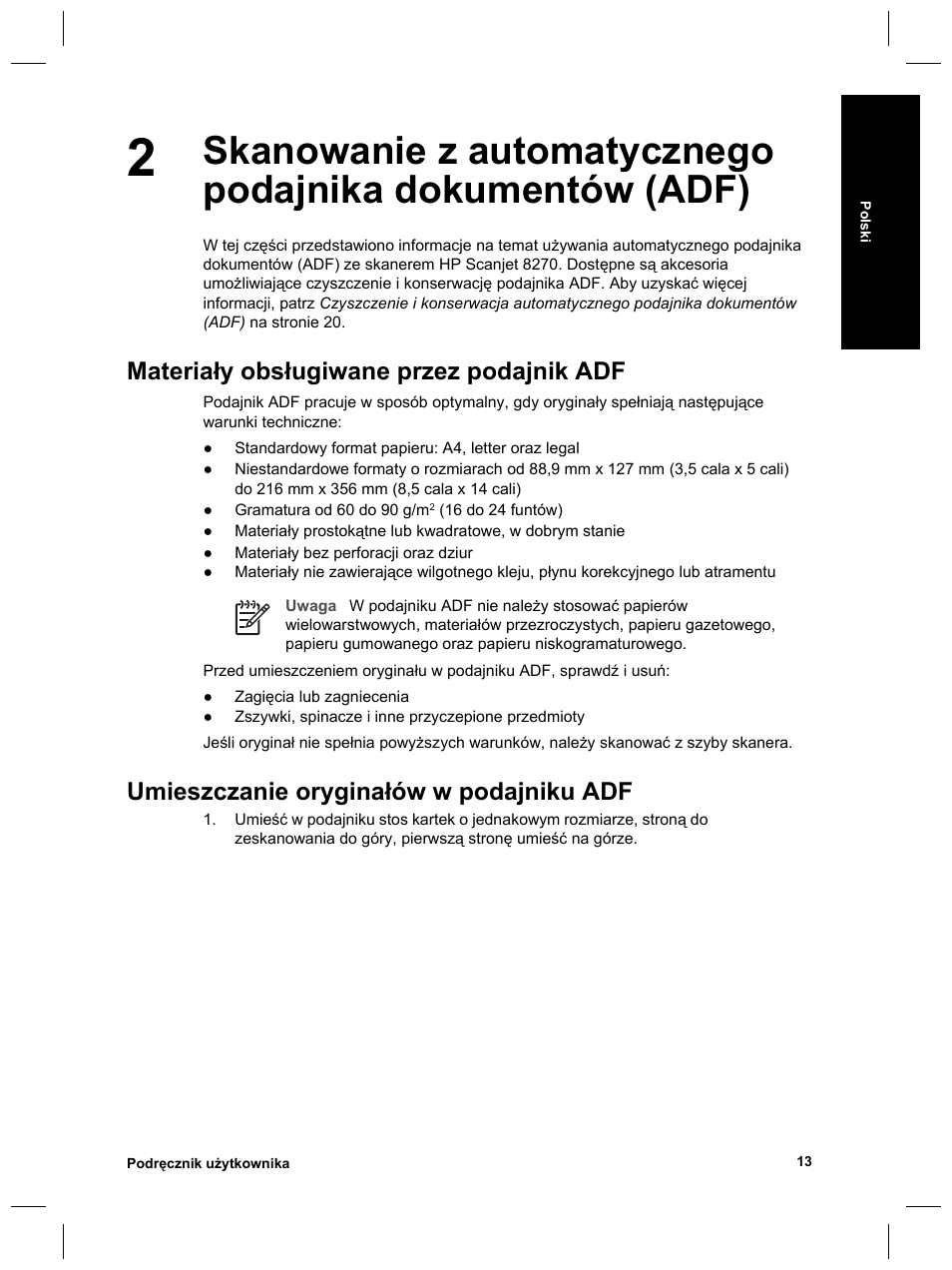 Materiały obsługiwane przez podajnik adf, Umieszczanie oryginałów w podajniku adf | HP Scanjet 8270 User Manual | Page 143 / 332