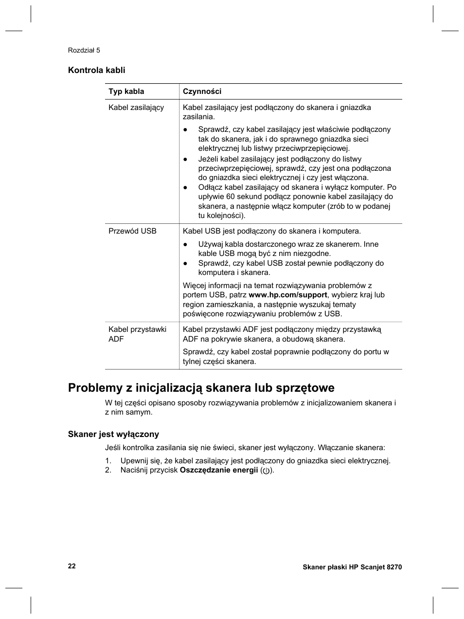 Problemy z inicjalizacją skanera lub sprzętowe | HP Scanjet 8270 User Manual | Page 152 / 332