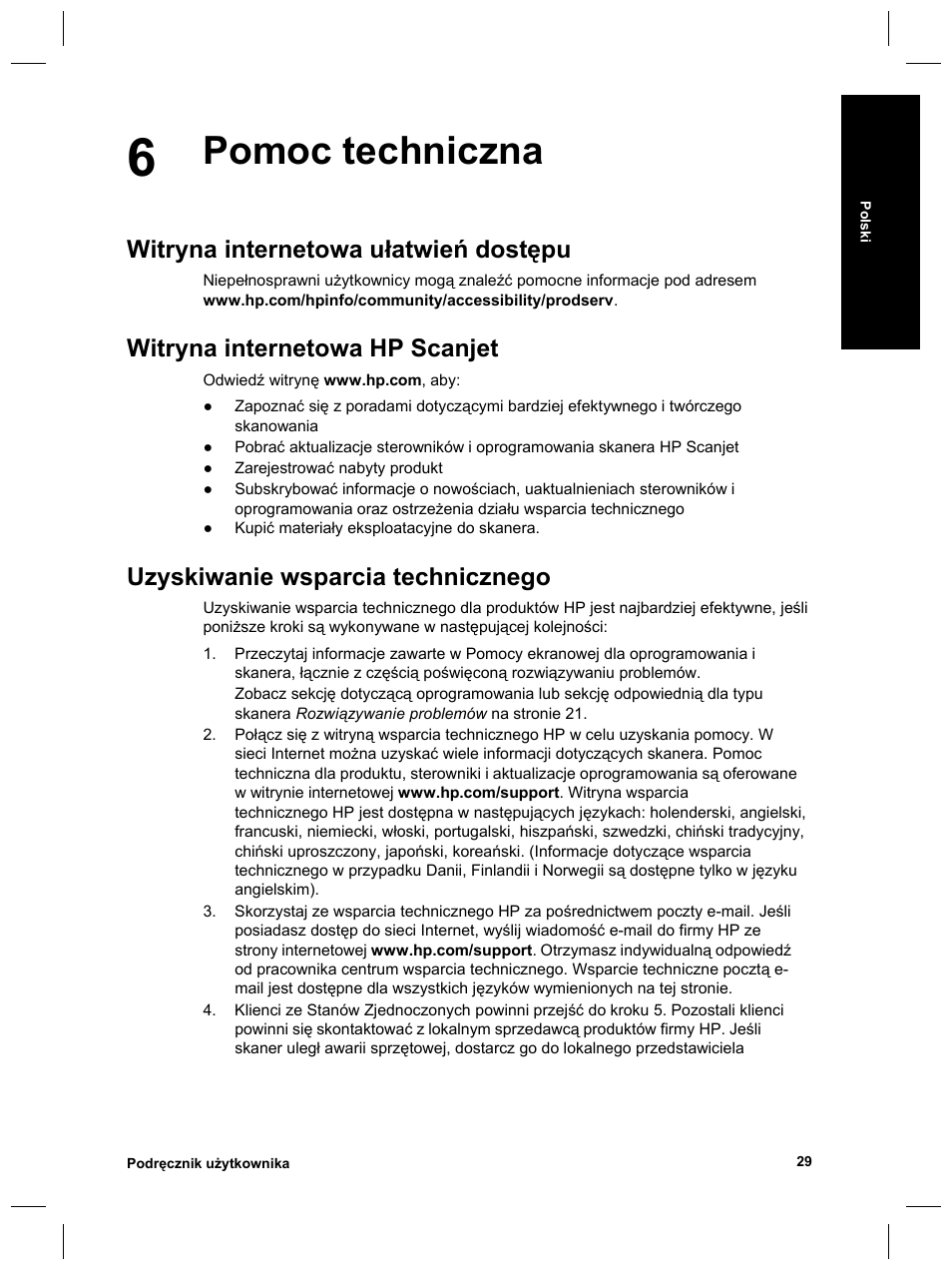 Pomoc techniczna, Witryna internetowa ułatwień dostępu, Witryna internetowa hp scanjet | Uzyskiwanie wsparcia technicznego | HP Scanjet 8270 User Manual | Page 159 / 332