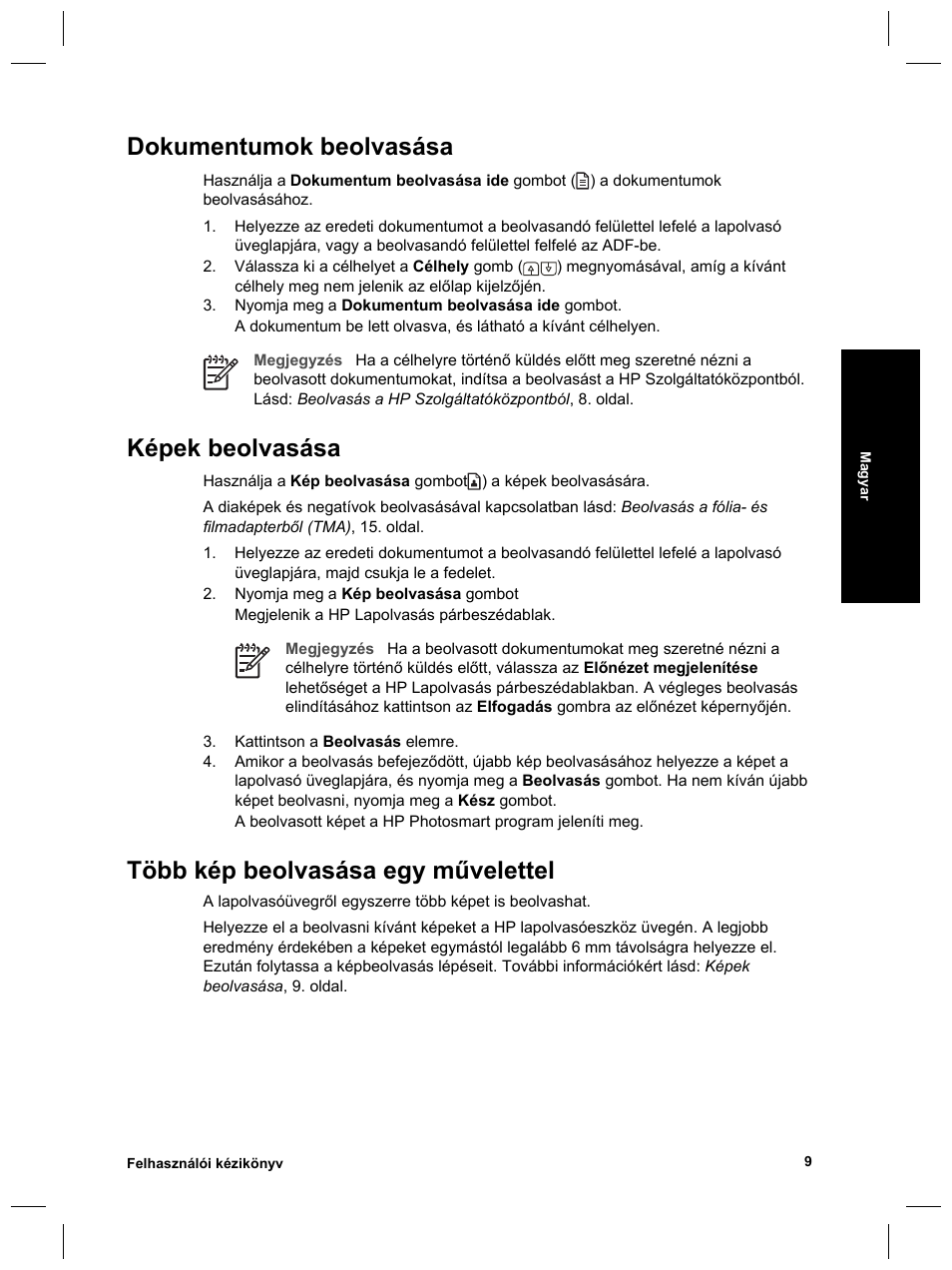 Dokumentumok beolvasása, Képek beolvasása, Több kép beolvasása egy művelettel | HP Scanjet 8270 User Manual | Page 173 / 332