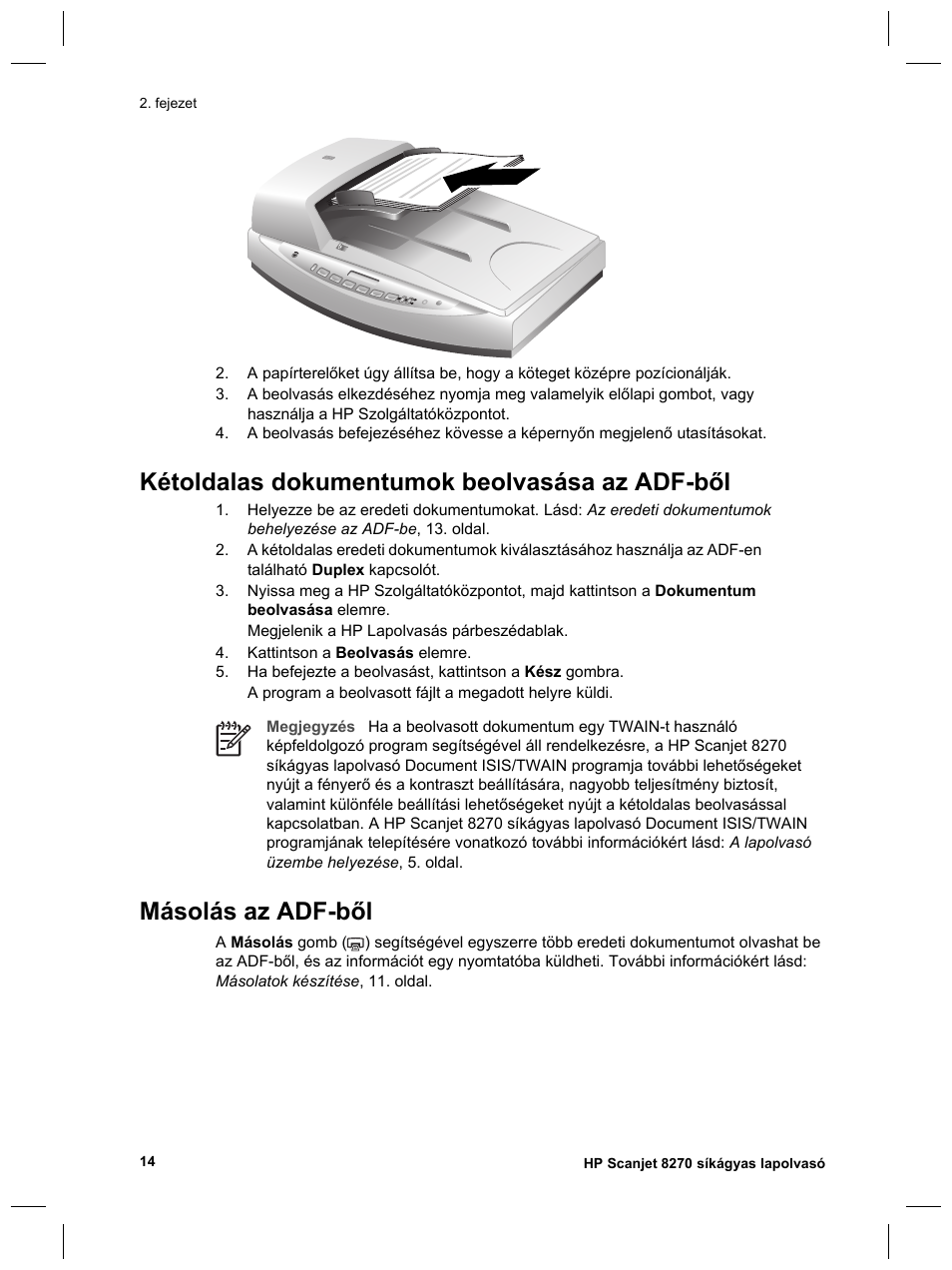 Kétoldalas dokumentumok beolvasása az adf-ből, Másolás az adf-ből | HP Scanjet 8270 User Manual | Page 178 / 332