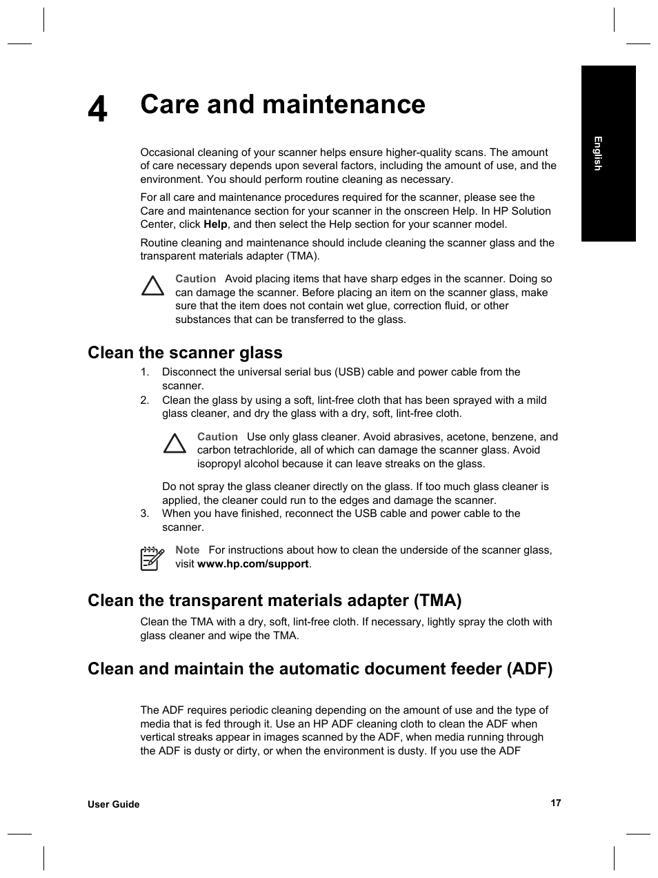 Care and maintenance, Clean the scanner glass, Clean the transparent materials adapter (tma) | HP Scanjet 8270 User Manual | Page 19 / 332